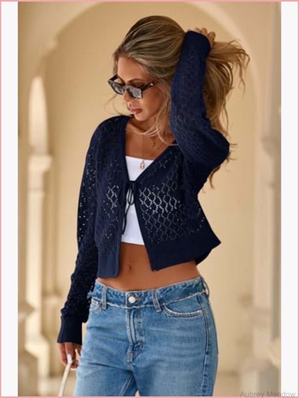 Crochet Cardigan Tie Front Shrug Long Sleeve Knit Cropped Top Boho - Picture 4 of 7